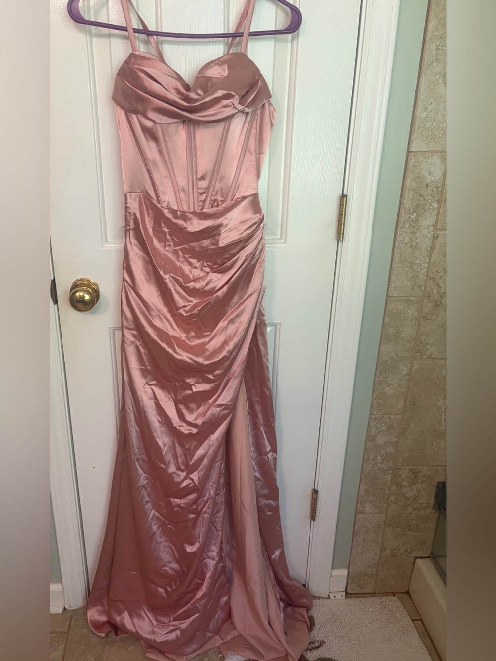 NWT Ryanth Rose Gold Satin Corset Mermaid Maxi Gown | Prom Formal Evening Dress